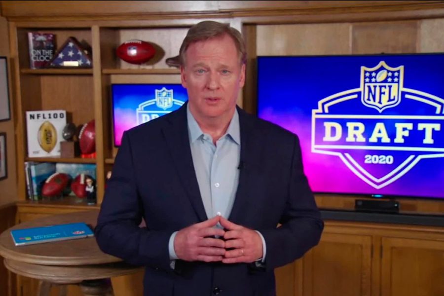 Commissioner Roger Goodell conducting the NFL Draft for 2020 virtually in his basement. 