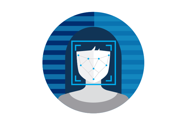 Graphic depicting a facial scan through a facial recognition system.