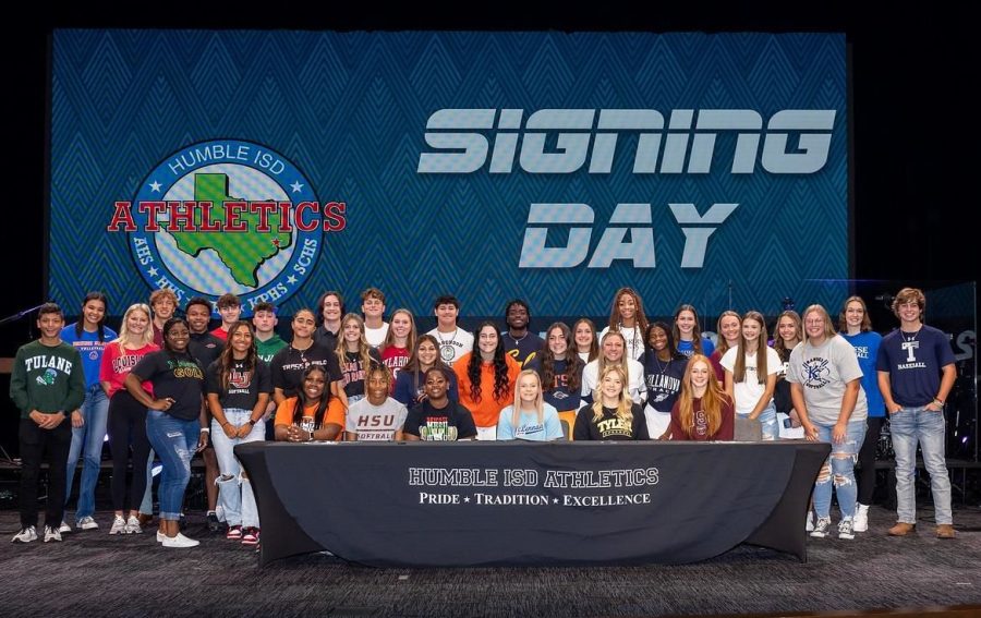 36 student athletes across Humble ISD signed letters of intent to participate in college athletics on November 9, 2022 . Photo Credit: By Public Communications